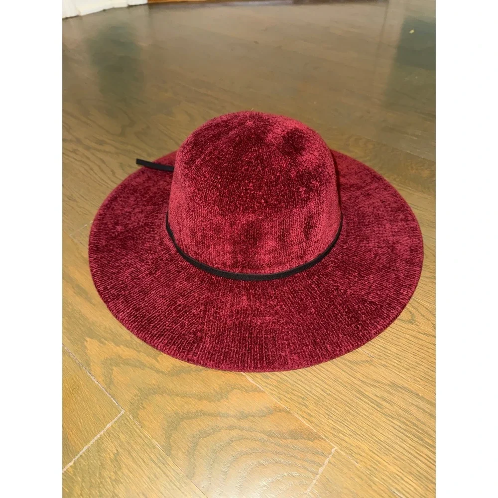Burgundy Chenille Knit Wide Brim Floppy Sun Hat Wine Red with Black Ribbon Bow